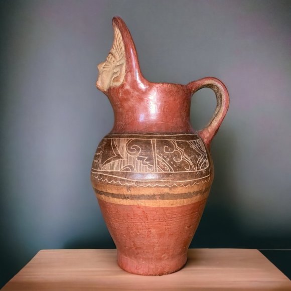 Vintage Mayan Inca Aztek Warrior Pottery Decorative Pitcher Vase - Picture 3 of 6